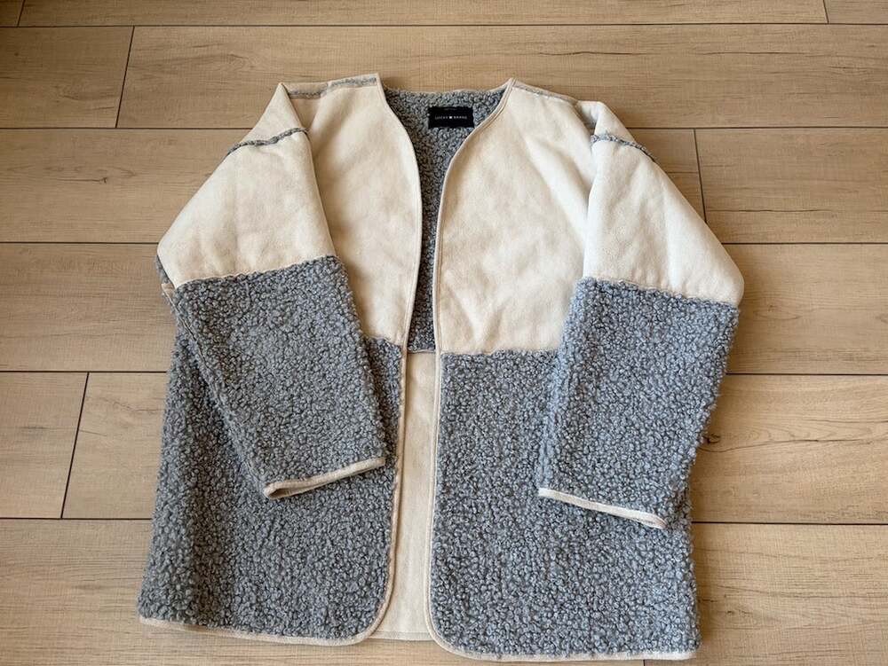 Lucky Brand Sherpa Faux Suede Colorblock Open Front Jacket Gray Cream L